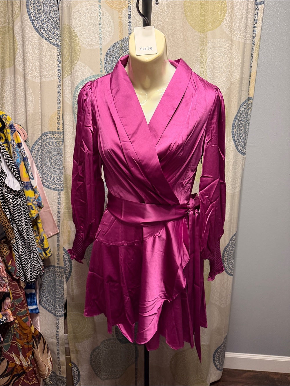 Fate Bold Fuchsia Satin Wrap Dress
